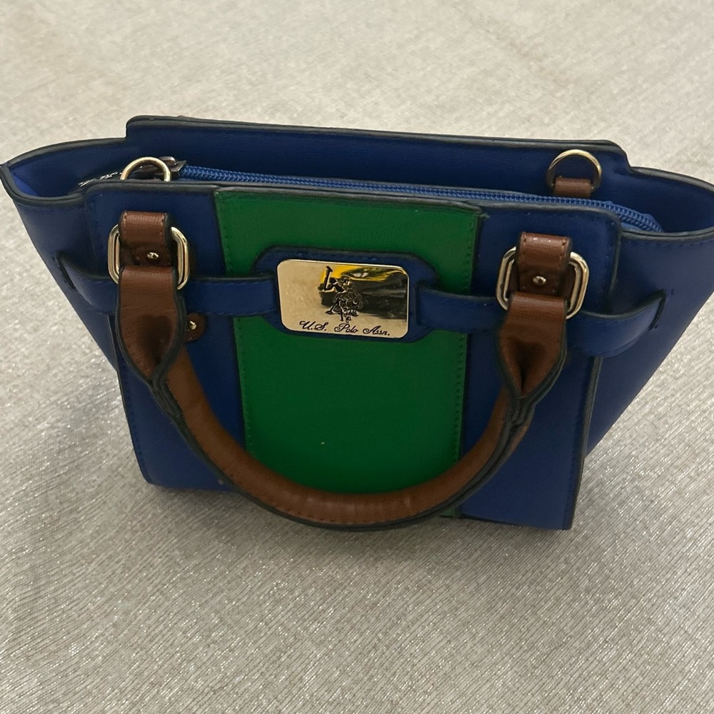 U.S. Polo Assn Satchel Handbag Blue w/Green Stripe Brown Handles Gold Hardware - Picture 3 of 14